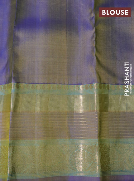 Pure kanchipuram silk saree light green and dual shade of blue with allover zari weaves and long rich zari woven border