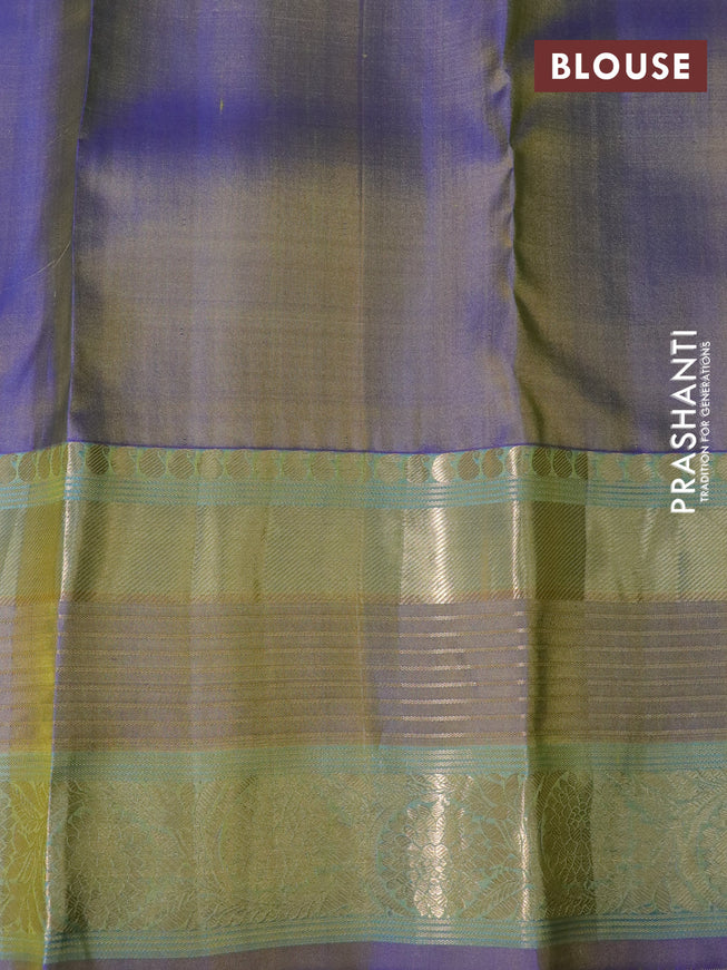 Pure kanchipuram silk saree light green and dual shade of blue with allover zari weaves and long rich zari woven border