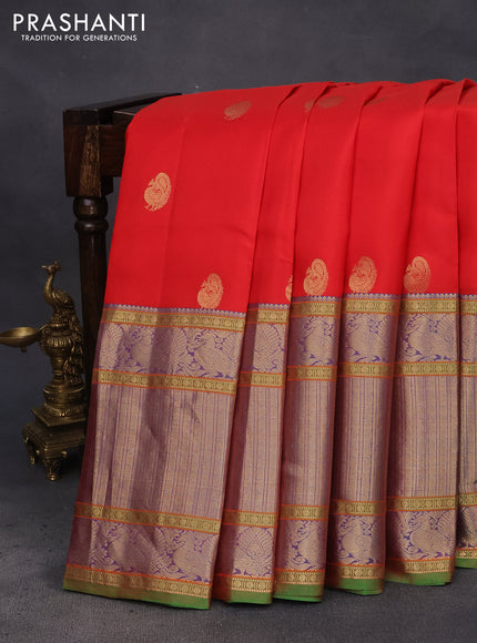 Pure kanchipuram silk saree red and dual shade of blue with annam zari woven buttas and long annam zari woven border