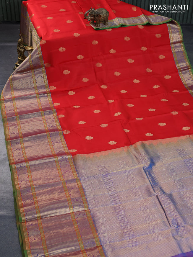 Pure kanchipuram silk saree red and dual shade of blue with annam zari woven buttas and long annam zari woven border