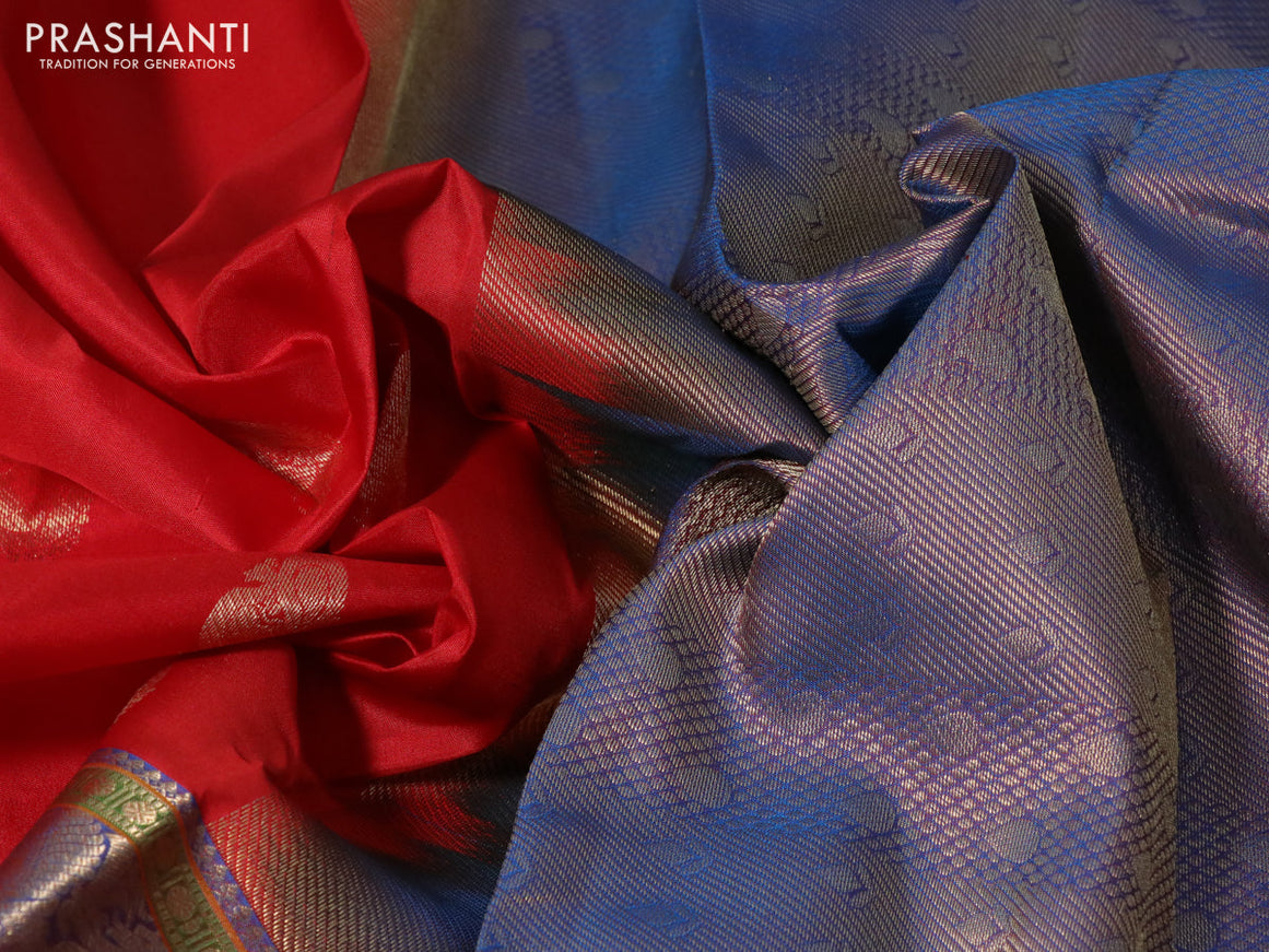 Pure kanchipuram silk saree red and dual shade of blue with annam zari woven buttas and long annam zari woven border