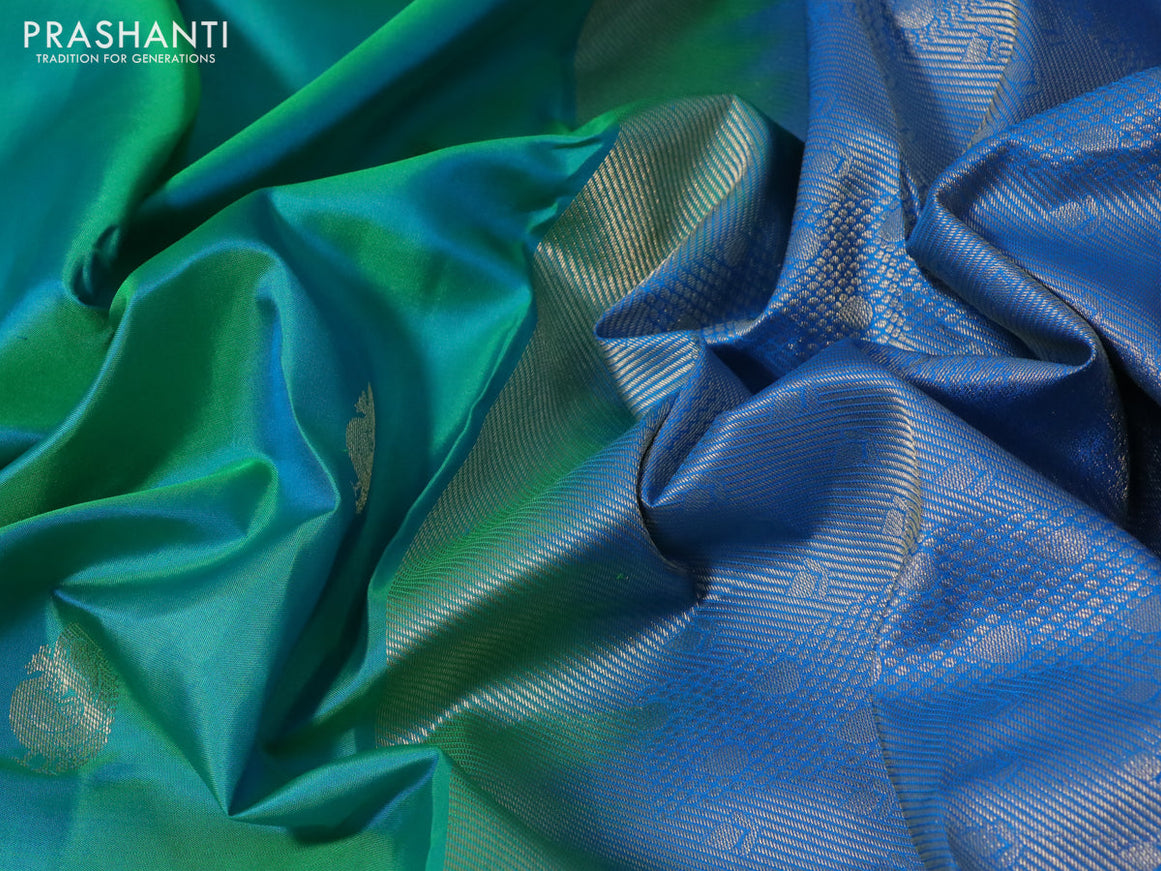 Pure kanchipuram silk saree dual shade of teal bluish green and blue with annam zari woven buttas and long annam zari woven border