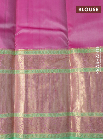 Pure kanchipuram silk saree mild peach and green with annam zari woven buttas and long annam zari woven border