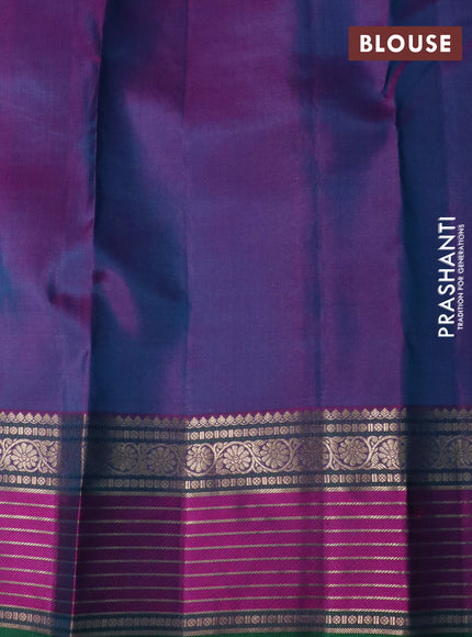 Pure kanchipuram silk saree dual shade of teal bluish green and pink with allover zari woven buttas and rich zari woven border