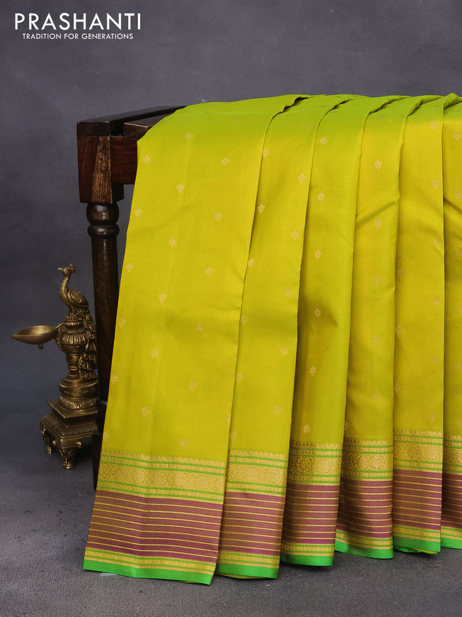 Pure kanchipuram silk saree lime green and violet with allover zari woven buttas and rich zari woven border