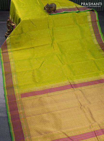 Pure kanchipuram silk saree lime green and violet with allover zari woven buttas and rich zari woven border