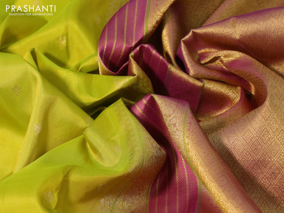 Pure kanchipuram silk saree lime green and violet with allover zari woven buttas and rich zari woven border