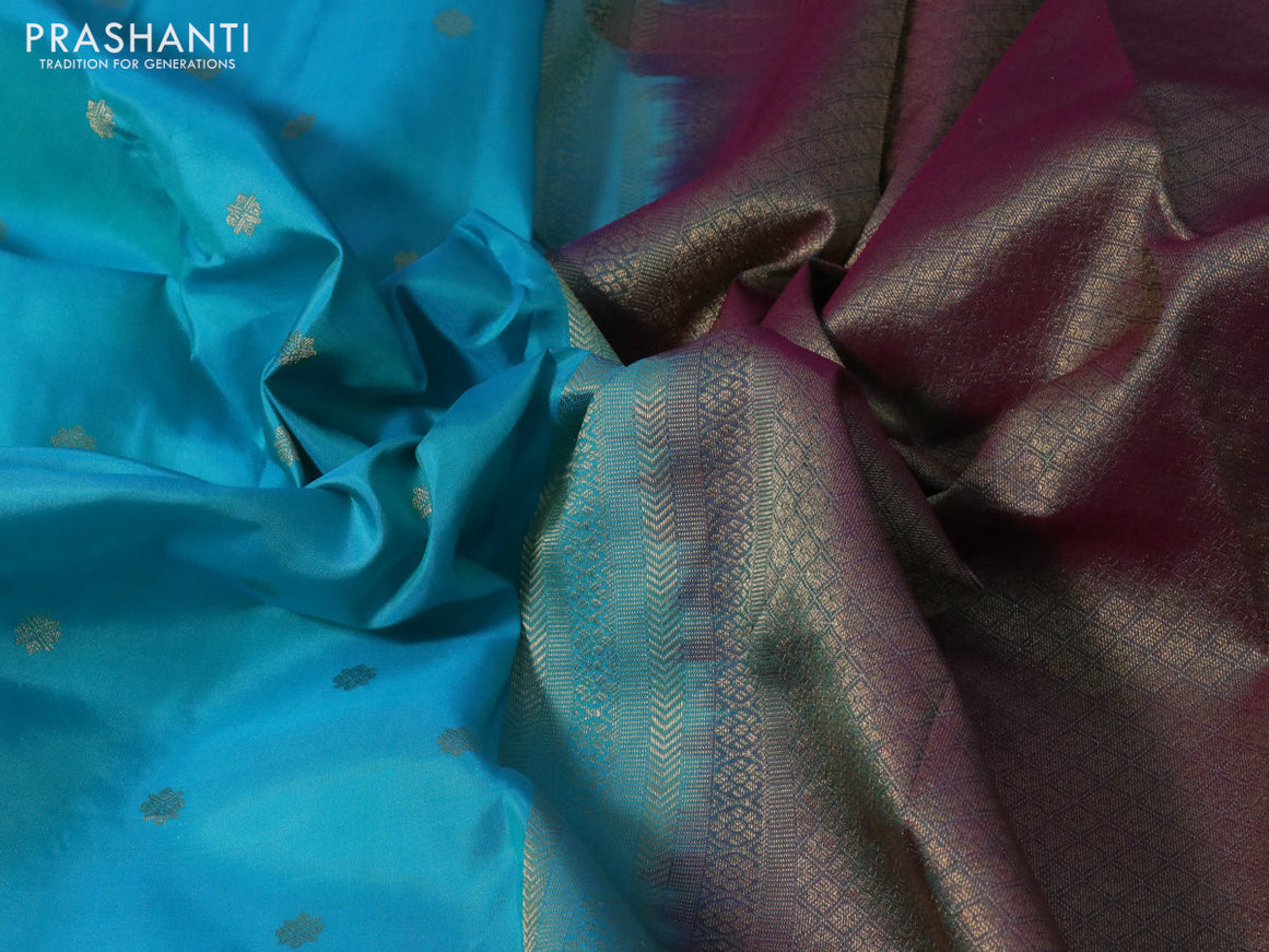 Pure kanchipuram silk saree light blue and dual shade of pink with allover zari woven buttas and long zari woven border