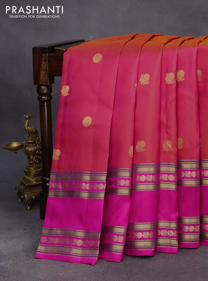 Pure kanchipuram silk saree dual shade of pinkish orange and pink with annam & rudhraksha zari woven buttas and long rettapet zari woven border