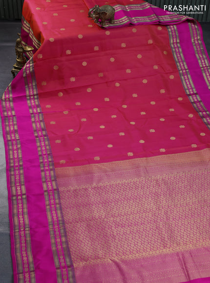 Pure kanchipuram silk saree dual shade of pinkish orange and pink with annam & rudhraksha zari woven buttas and long rettapet zari woven border