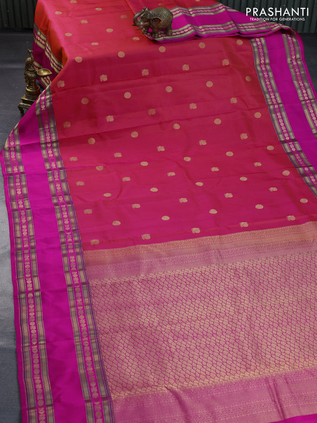 Pure kanchipuram silk saree dual shade of pinkish orange and pink with annam & rudhraksha zari woven buttas and long rettapet zari woven border