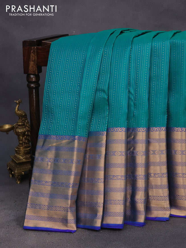 Pure kanchipuram silk saree teal green and dual shade of blue with allover zari weaves and long zari woven border