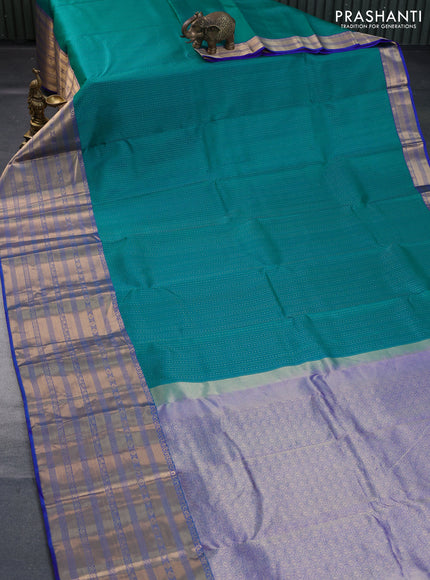 Pure kanchipuram silk saree teal green and dual shade of blue with allover zari weaves and long zari woven border