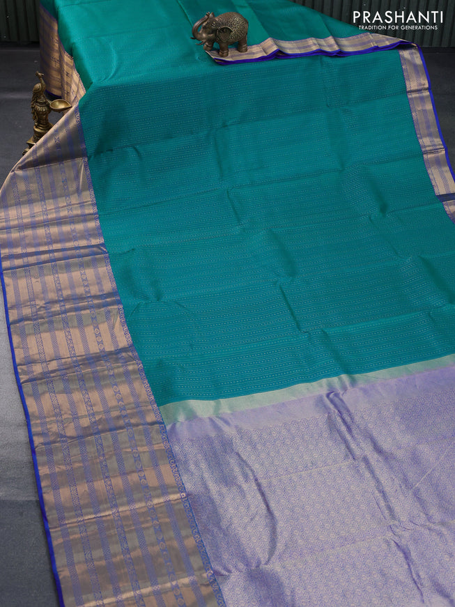 Pure kanchipuram silk saree teal green and dual shade of blue with allover zari weaves and long zari woven border