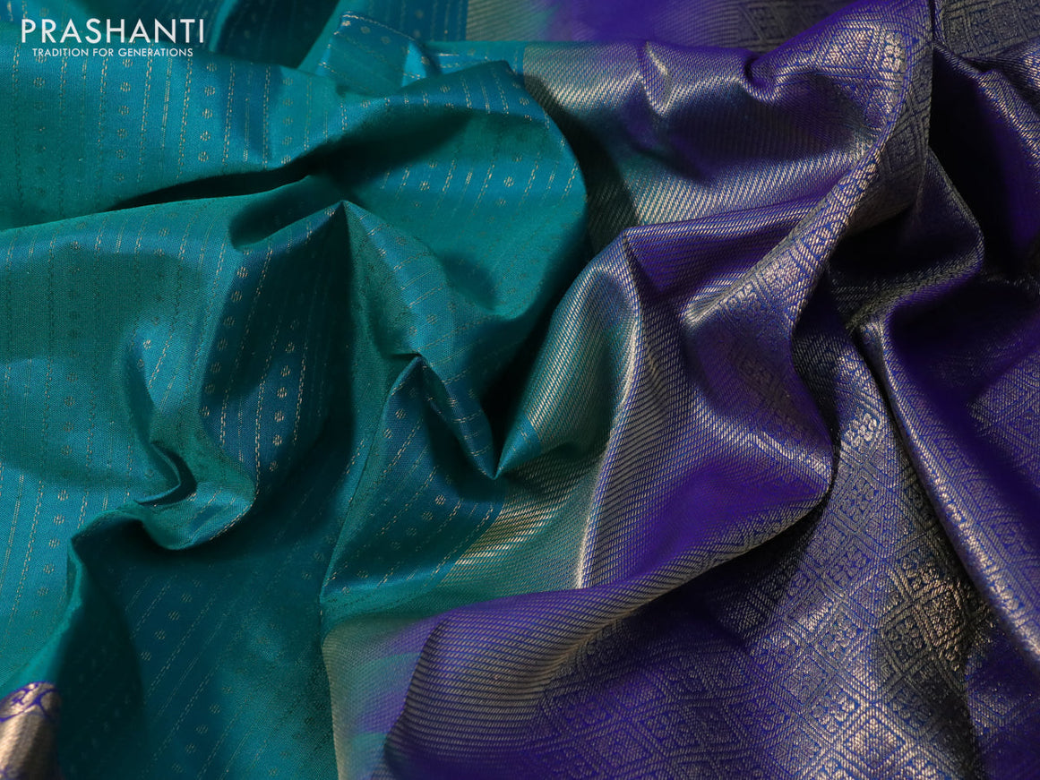 Pure kanchipuram silk saree teal green and dual shade of blue with allover zari weaves and long zari woven border