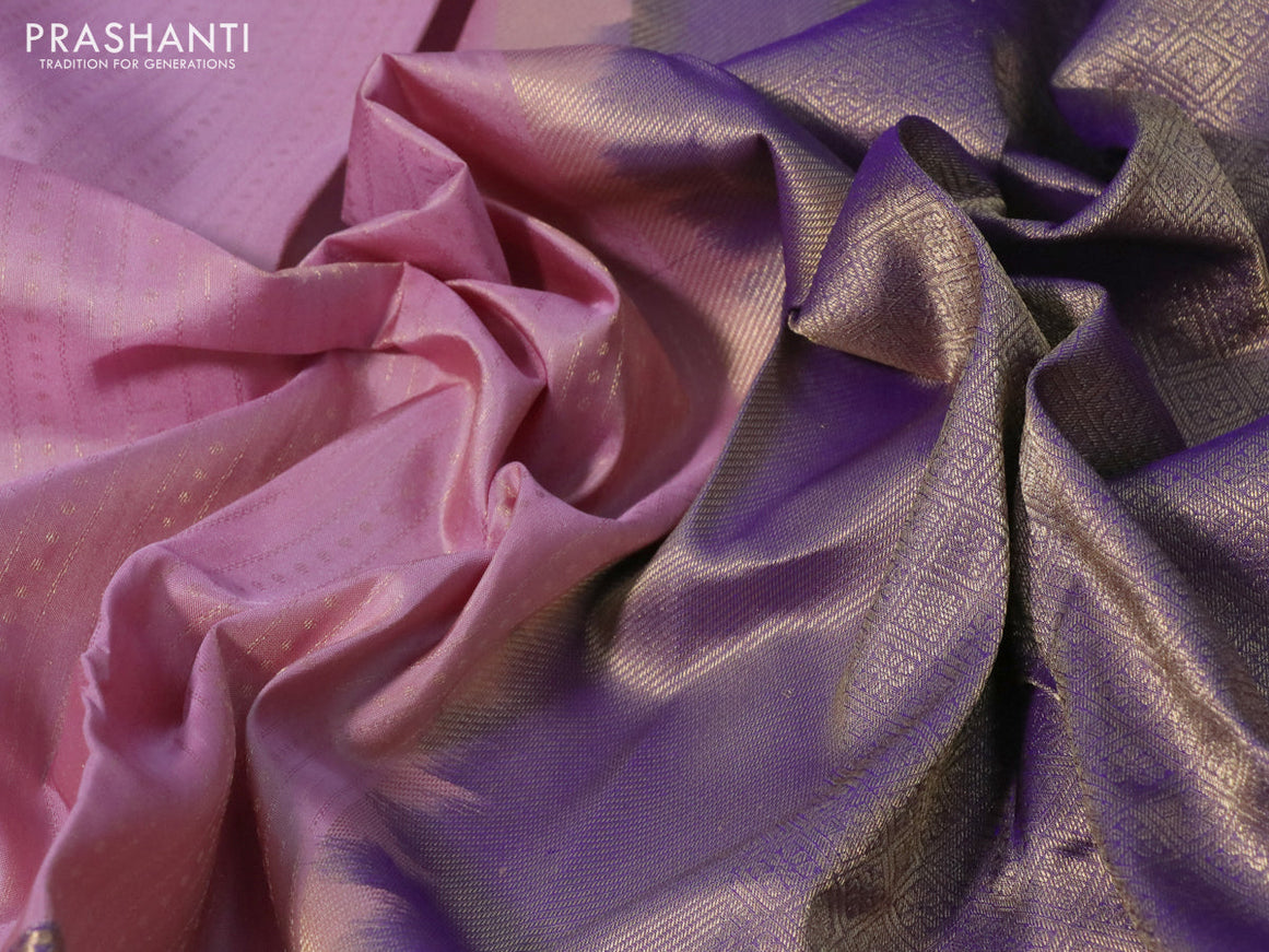 Pure kanchipuram silk saree baby pink and dual shade of blue with allover zari weaves and long zari woven border