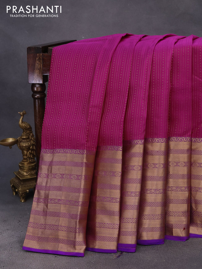 Pure kanchipuram silk saree magenta pink and dual shade of purple with allover zari weaves and long zari woven border