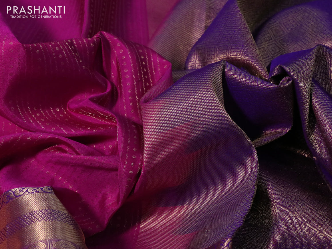 Pure kanchipuram silk saree magenta pink and dual shade of purple with allover zari weaves and long zari woven border