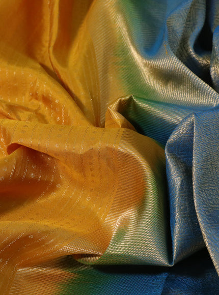 Pure kanchipuram silk saree mango yellow and blue with allover zari weaves and long zari woven border