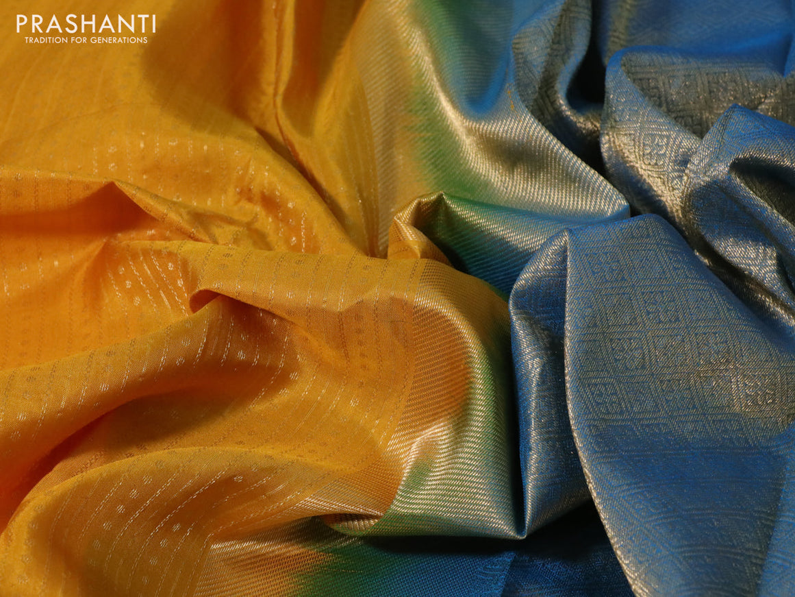 Pure kanchipuram silk saree mango yellow and blue with allover zari weaves and long zari woven border