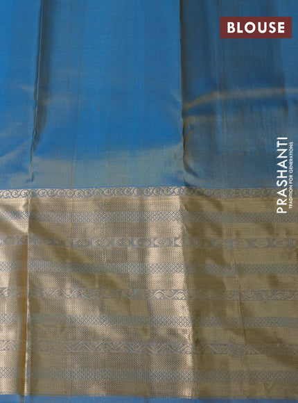 Pure kanchipuram silk saree mango yellow and blue with allover zari weaves and long zari woven border