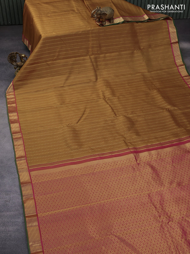 Pure kanchipuram silk saree dark sandal and pink with allover zari woven 1000 buttas and zari woven border