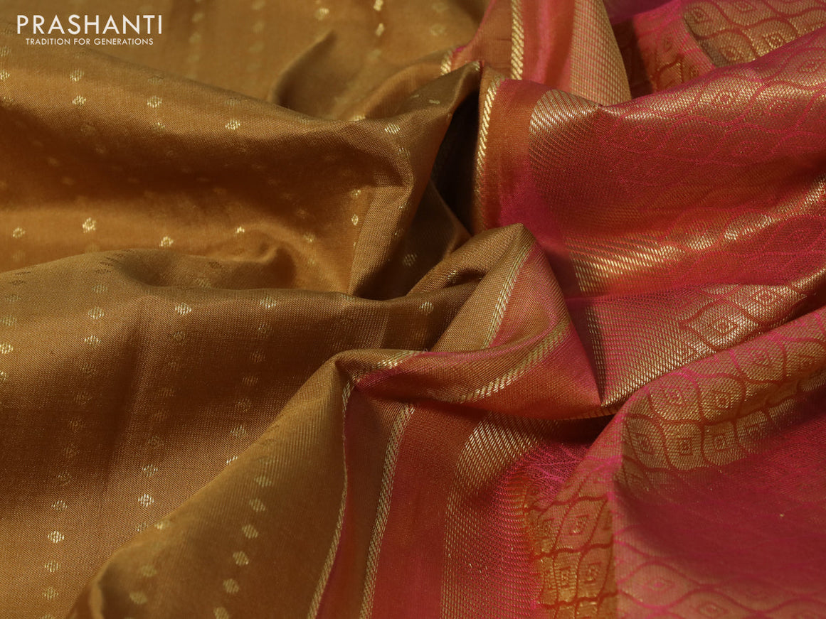 Pure kanchipuram silk saree dark sandal and pink with allover zari woven 1000 buttas and zari woven border