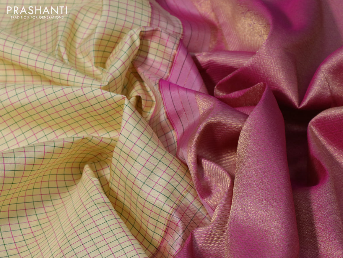 Pure kanchipuram silk saree cream and dual shade of pink with allover checked pattern and zari woven border