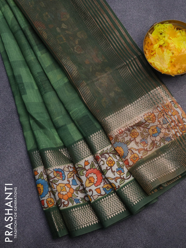 Muslin silk saree green and off white with allover stripes pattern and rettapet zari woven kalamkari printed border