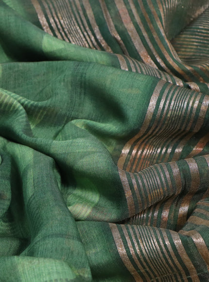 Muslin silk saree green and off white with allover stripes pattern and rettapet zari woven kalamkari printed border