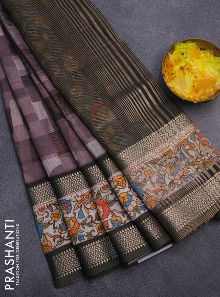 Muslin silk saree rosy brown and sap green with allover stripes pattern and rettapet zari woven kalamkari printed border