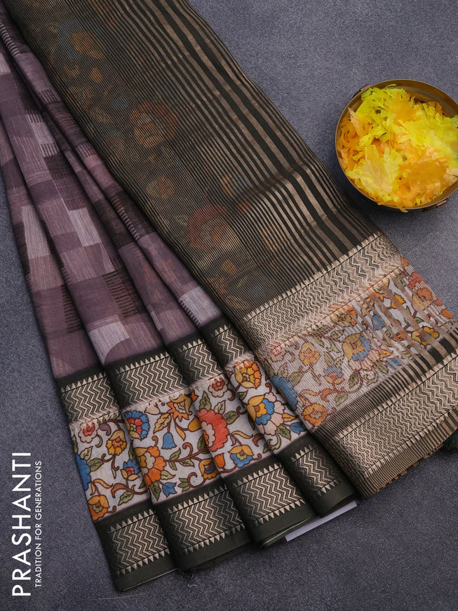 Muslin silk saree rosy brown and sap green with allover stripes pattern and rettapet zari woven kalamkari printed border