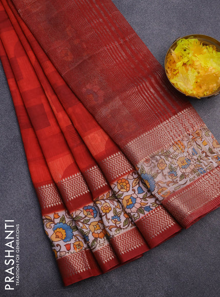 Muslin silk saree red and off white with allover stripes pattern and rettapet zari woven kalamkari printed border