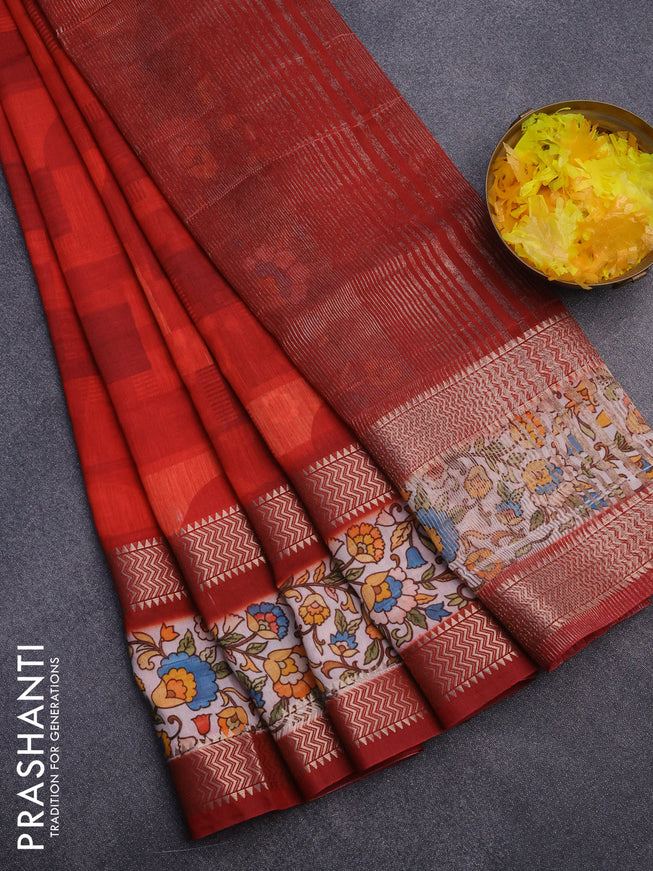 Muslin silk saree red and off white with allover stripes pattern and rettapet zari woven kalamkari printed border