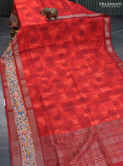 Muslin silk saree red and off white with allover stripes pattern and rettapet zari woven kalamkari printed border