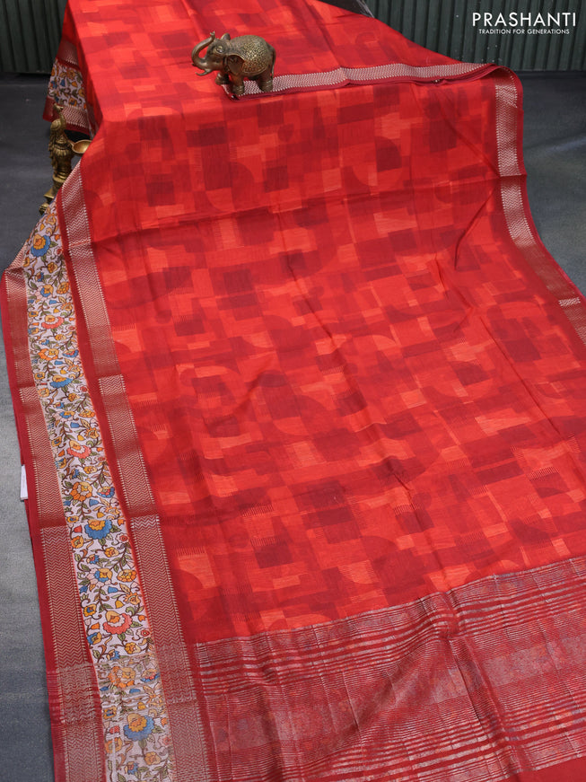 Muslin silk saree red and off white with allover stripes pattern and rettapet zari woven kalamkari printed border