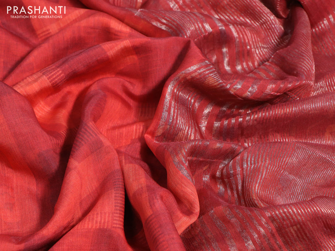 Muslin silk saree red and off white with allover stripes pattern and rettapet zari woven kalamkari printed border