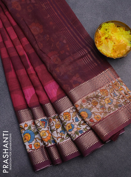 Muslin silk saree maroon and off white with allover stripes pattern and rettapet zari woven kalamkari printed border