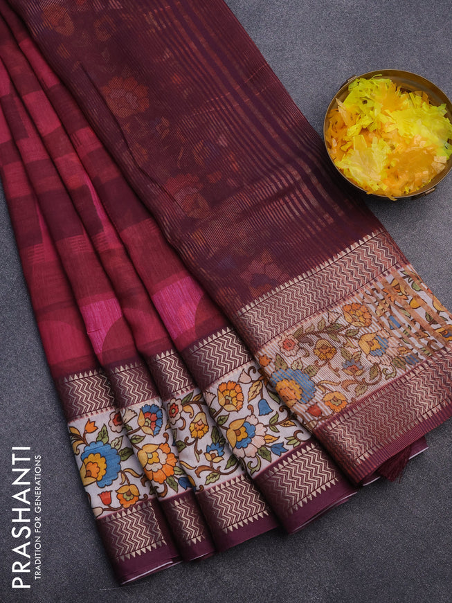 Muslin silk saree maroon and off white with allover stripes pattern and rettapet zari woven kalamkari printed border