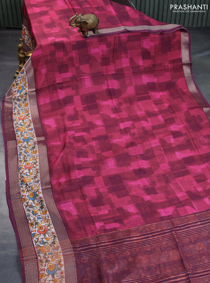 Muslin silk saree maroon and off white with allover stripes pattern and rettapet zari woven kalamkari printed border