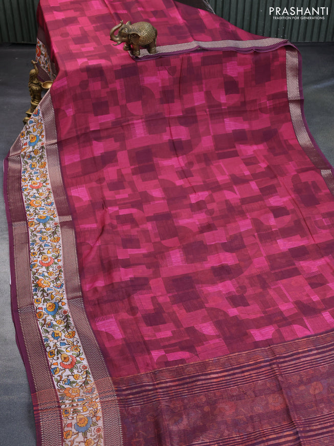 Muslin silk saree maroon and off white with allover stripes pattern and rettapet zari woven kalamkari printed border