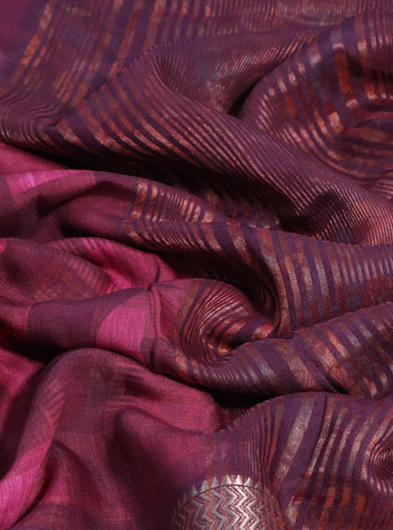 Muslin silk saree maroon and off white with allover stripes pattern and rettapet zari woven kalamkari printed border