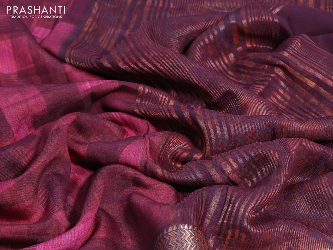 Muslin silk saree maroon and off white with allover stripes pattern and rettapet zari woven kalamkari printed border