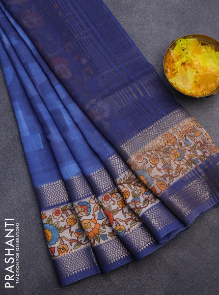 Muslin silk saree blue and off white with allover stripes pattern and rettapet zari woven kalamkari printed border