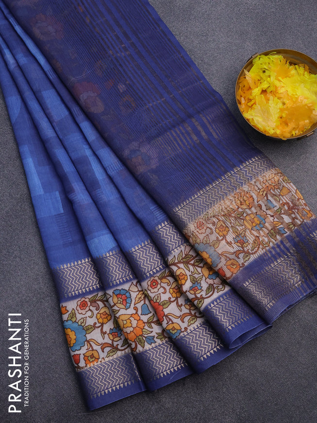 Muslin silk saree blue and off white with allover stripes pattern and rettapet zari woven kalamkari printed border