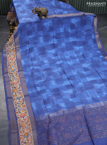 Muslin silk saree blue and off white with allover stripes pattern and rettapet zari woven kalamkari printed border