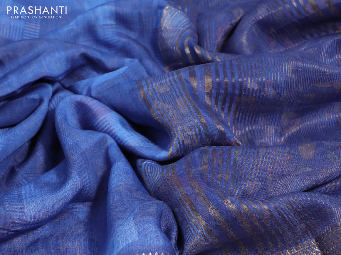 Muslin silk saree blue and off white with allover stripes pattern and rettapet zari woven kalamkari printed border