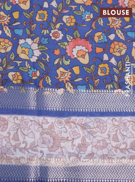 Muslin silk saree blue and off white with allover stripes pattern and rettapet zari woven kalamkari printed border