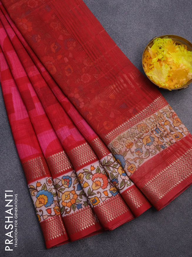 Muslin silk saree red and pink with allover stripes pattern and rettapet zari woven kalamkari printed border