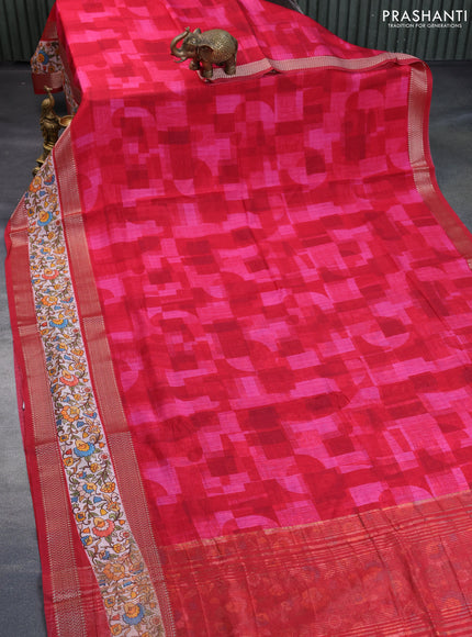 Muslin silk saree red and pink with allover stripes pattern and rettapet zari woven kalamkari printed border